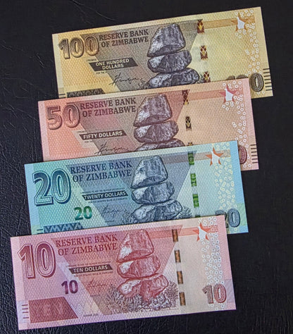 Zimbabwe Dollars set of 10, 20, 50, and 100 Dollars 2020 Gem Uncirculated UNC (4 banknotes)