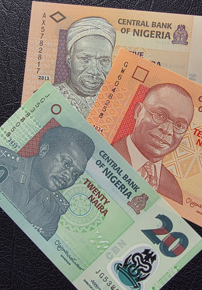 Nigeria set of 5, 10, and 50 Naira 2013- 2025 Uncirculated UNC (three notes)