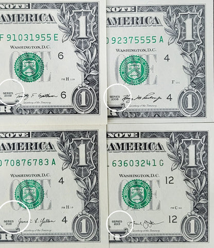 Set of one Dollar United States of America USA 2006, 2009, 2013 and 2021 UNC Uncirculated