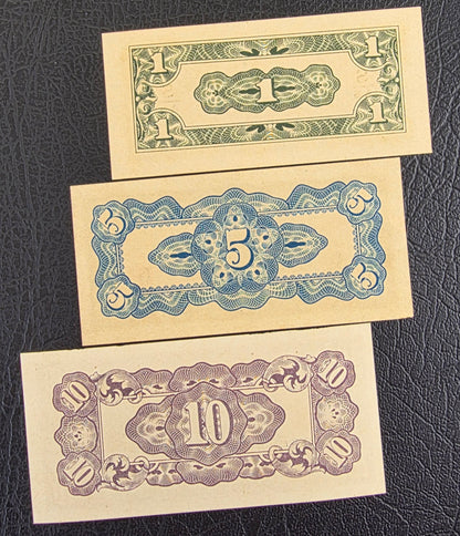Netherlands Indies Japanese Regeering set of 1, 5 and 10 Cents 1942 Uncirculated UNC (three notes) Small notes (rare)