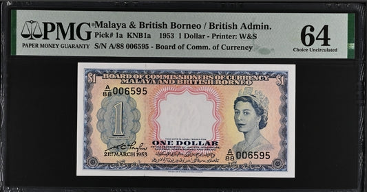 One Dollar 1953 Malaya and British Borneo P 1a Pick 1a PMG 64