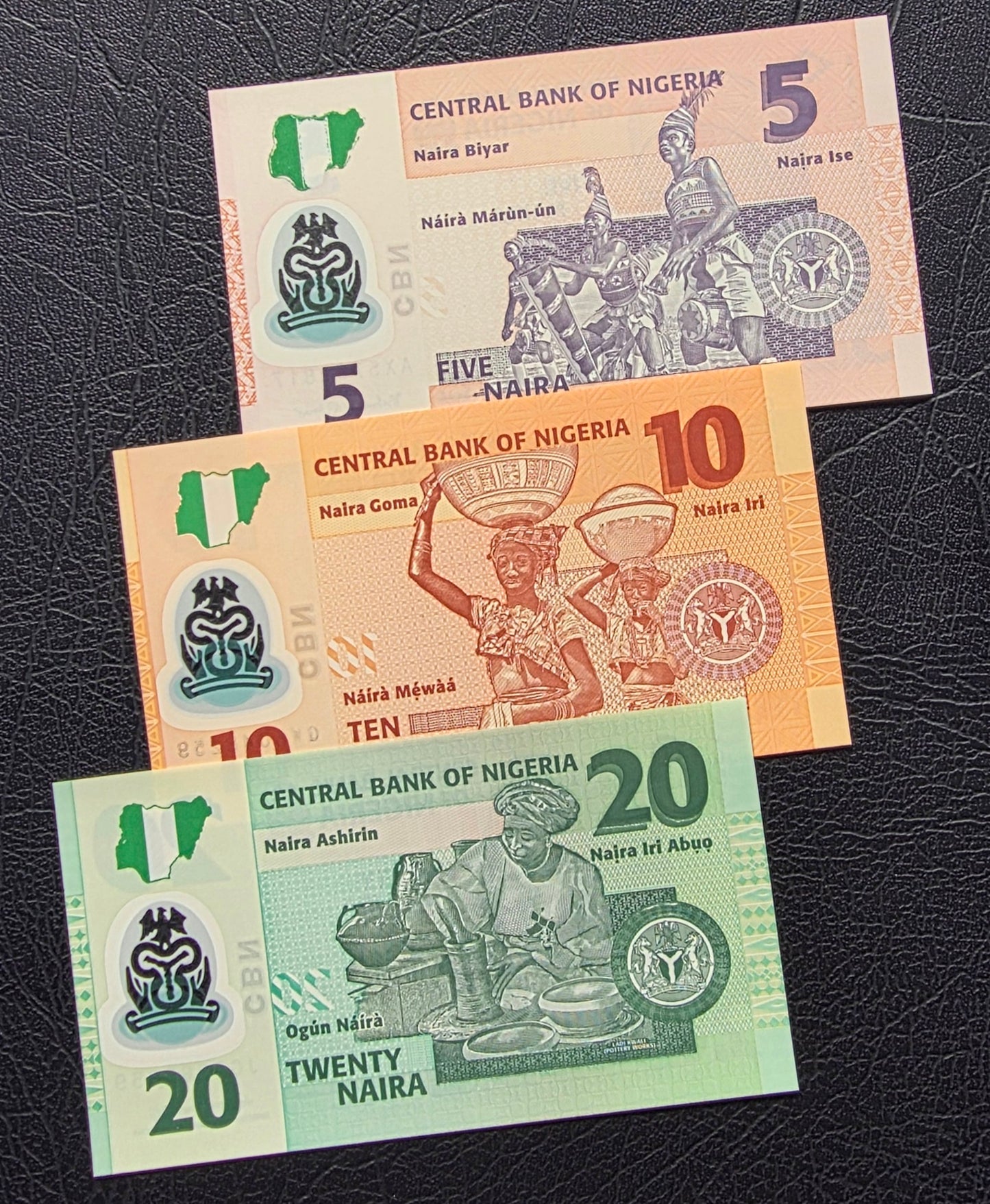 Nigeria set of 5, 10, and 50 Naira 2013- 2025 Uncirculated UNC (three notes)