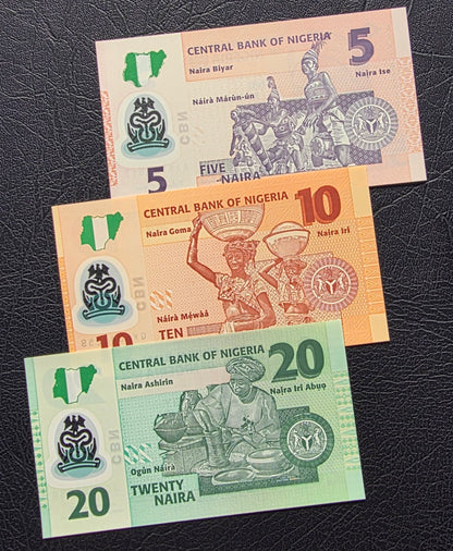 Nigeria set of 5, 10, and 50 Naira 2013- 2025 Uncirculated UNC (three notes)