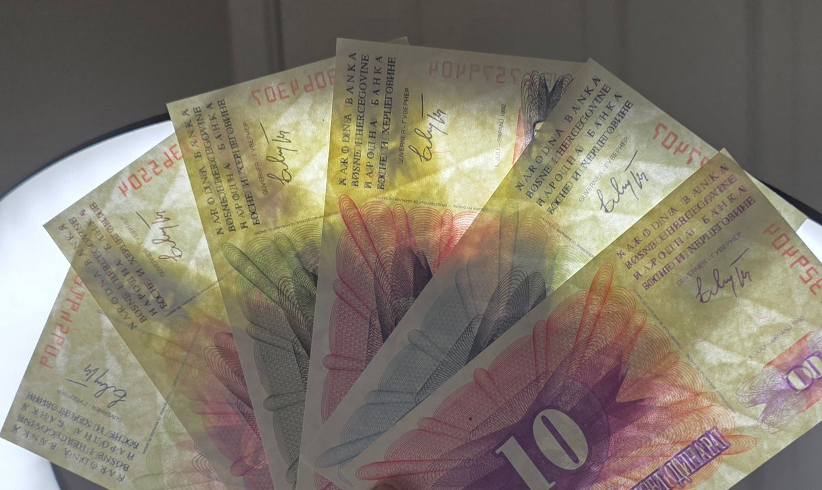 Bosnia set of 10, 25, 50, 100, 500 and 1000 Dinara 1992 Gem Uncirculated UNC (six notes)