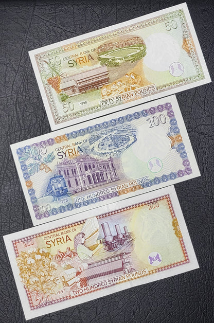 Set of 50, 100, 200, 500 and 1000 Lira Syria 1990s Syrian Pounds Uncirculated UNC (7 banknotes)