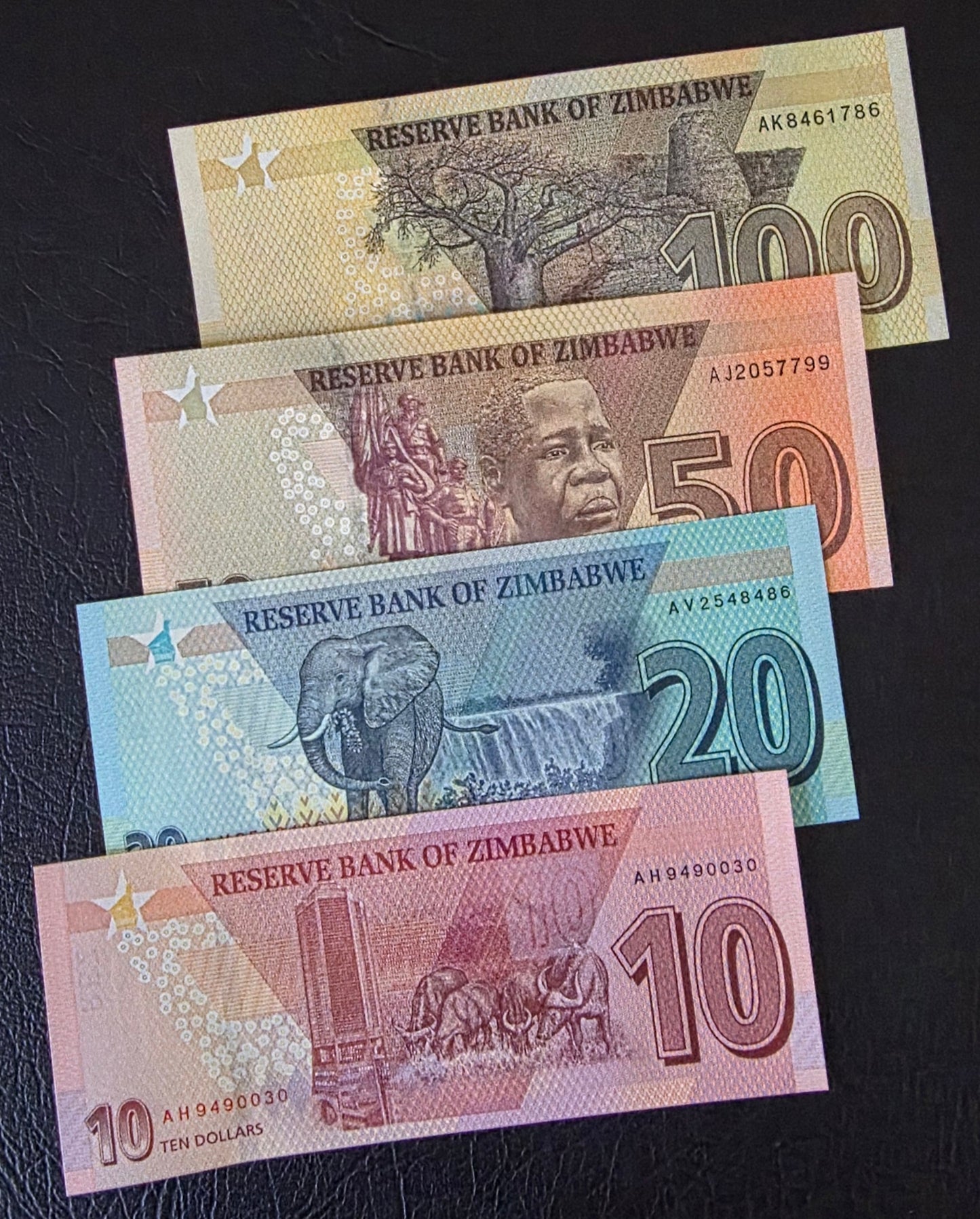 Zimbabwe Dollars set of 10, 20, 50, and 100 Dollars 2020 Gem Uncirculated UNC (4 banknotes)