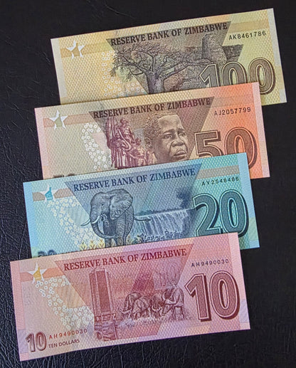 Zimbabwe Dollars set of 10, 20, 50, and 100 Dollars 2020 Gem Uncirculated UNC (4 banknotes)