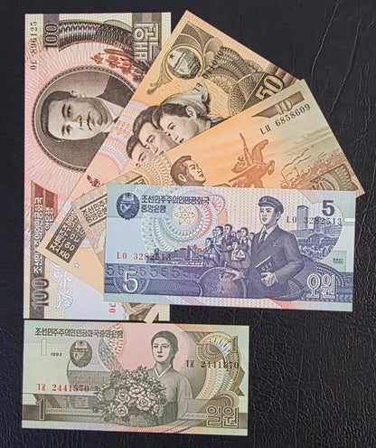 Korea 1, 5, 10, 50 and 100 Won 1992- 1998 Uncirculated (UNC) (5 banknotes)