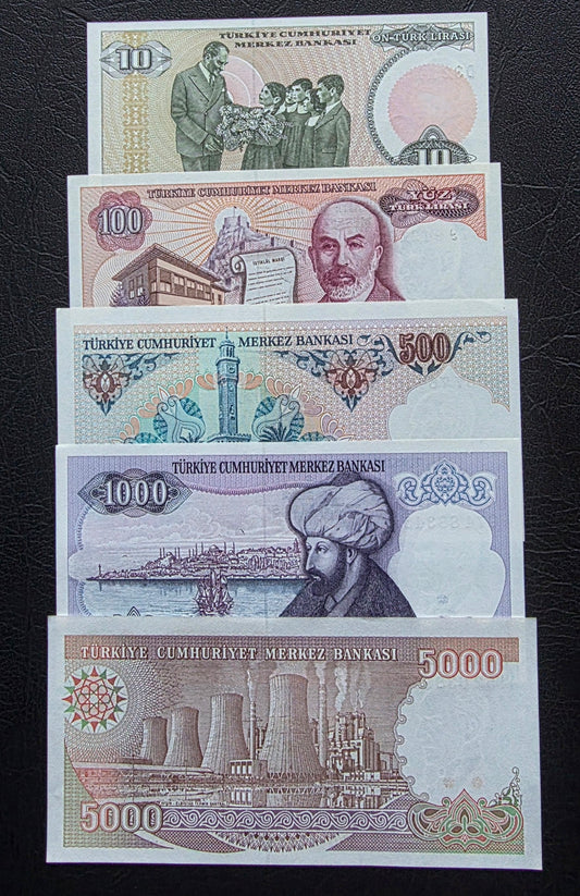 Turkey Türkiye Set of 10 to 5000 Lira 1970s Turkey Türkiye Uncirculated UNC (Five banknotes)