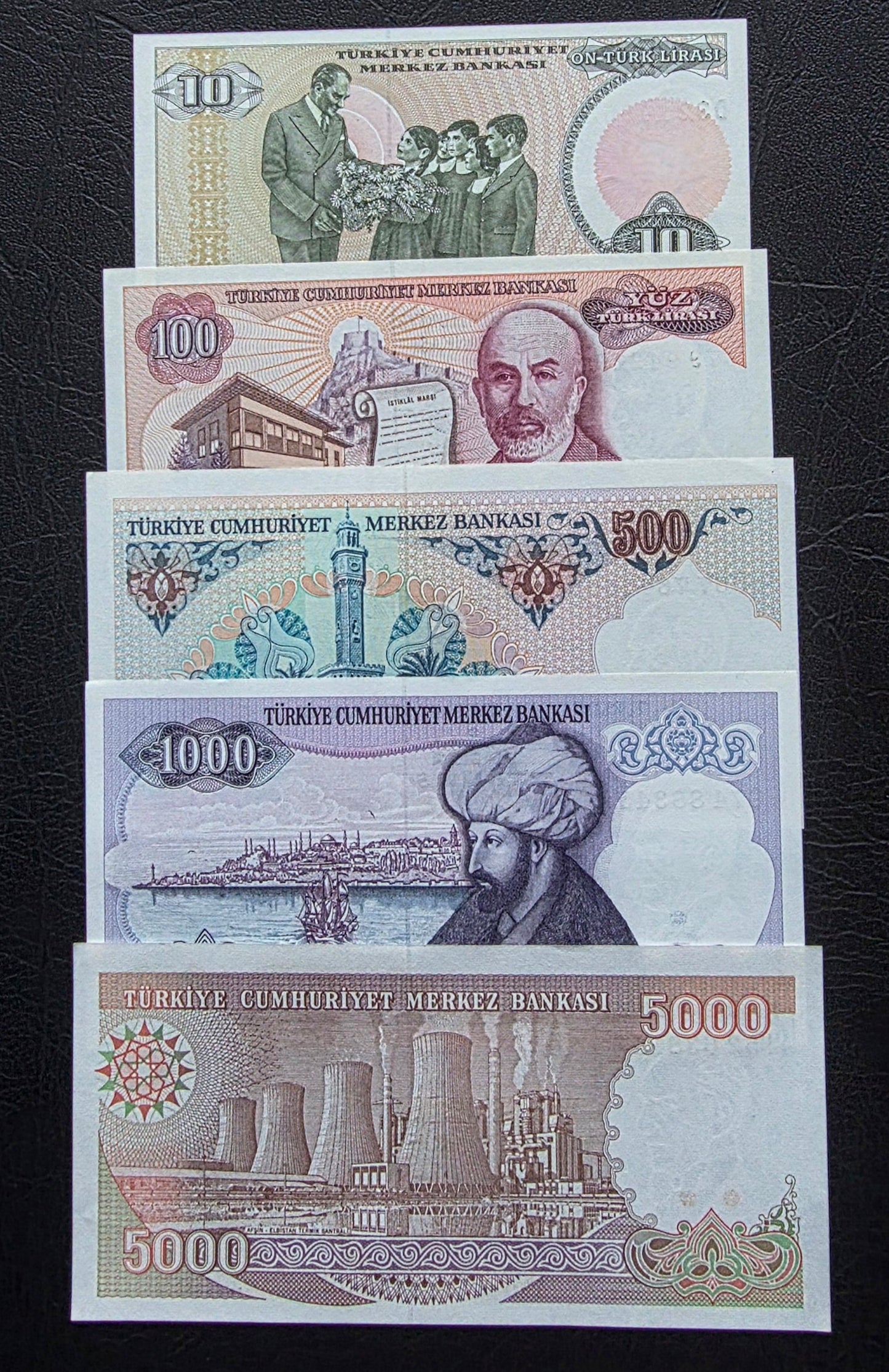 Turkey Türkiye Set of 10 to 5000 Lira 1970s Turkey Türkiye Uncirculated UNC (Five banknotes)