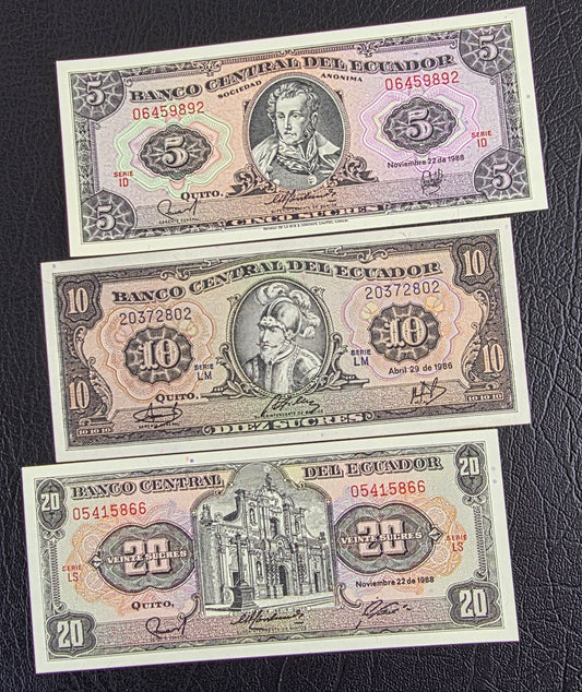 Ecuador set of 5, 10 and 20 Sucres 1980s Gem Uncirculated UNC (3 banknotes)
