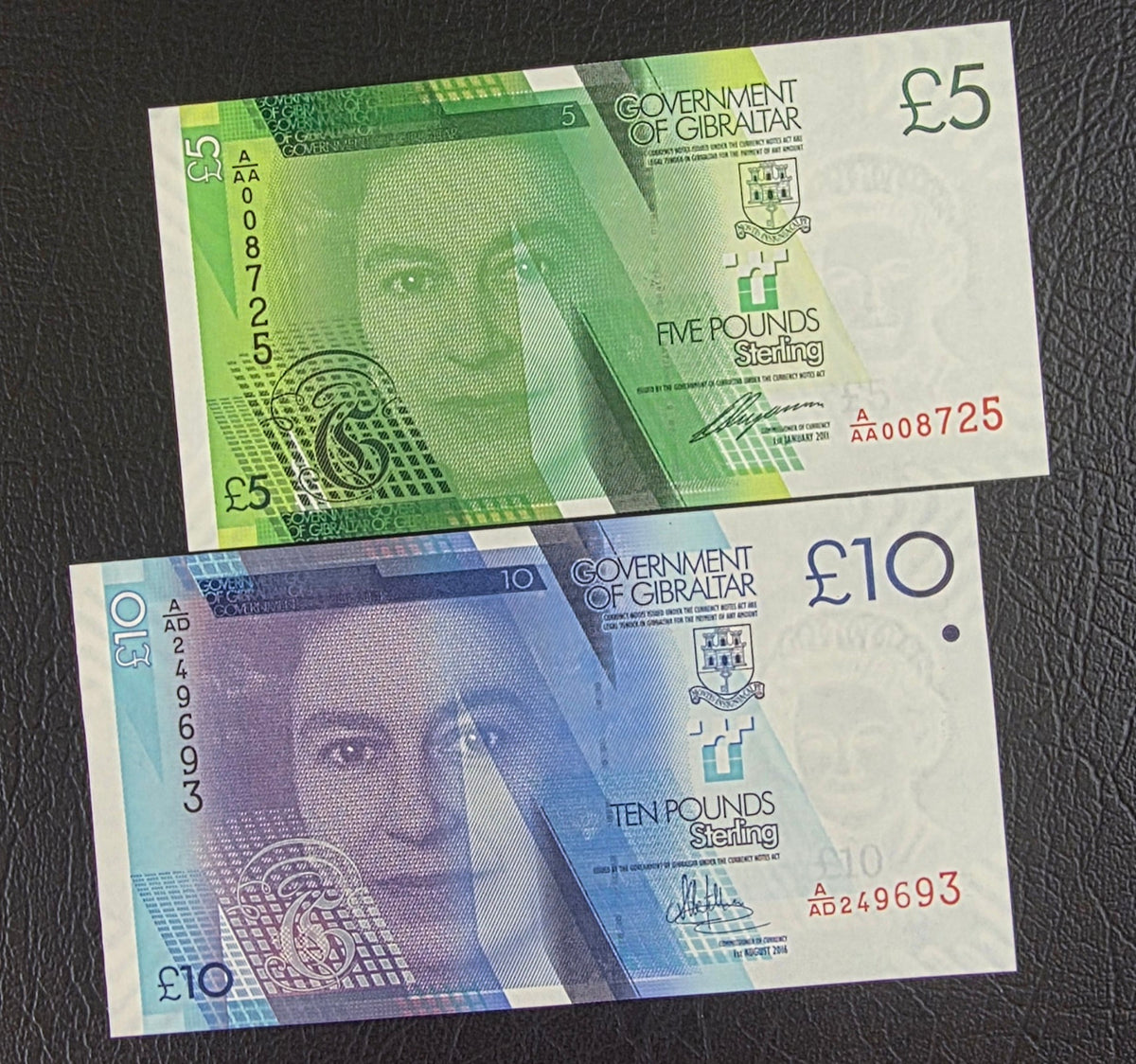 Gibraltar 5 and 10 Pounds Uncirculated UNC (two notes)