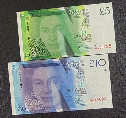 Gibraltar 5 and 10 Pounds Uncirculated UNC (two notes)