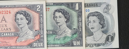 Set of 1 one and 2 Two Dollars 1954- 1973 (three notes) Chronological order Canada Uncirculated UNC Gem