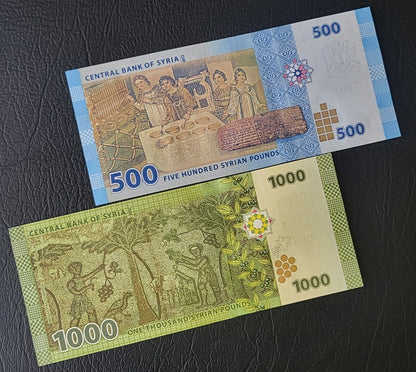 Set of 500 and 1000 Lira Syria Syrian Pounds Uncirculated UNC Gem