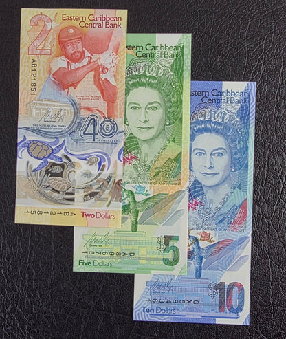 East Caribbean 2, 5 and 10 Dollars 2019- 2024 Gem Uncirculated UNC Polymer