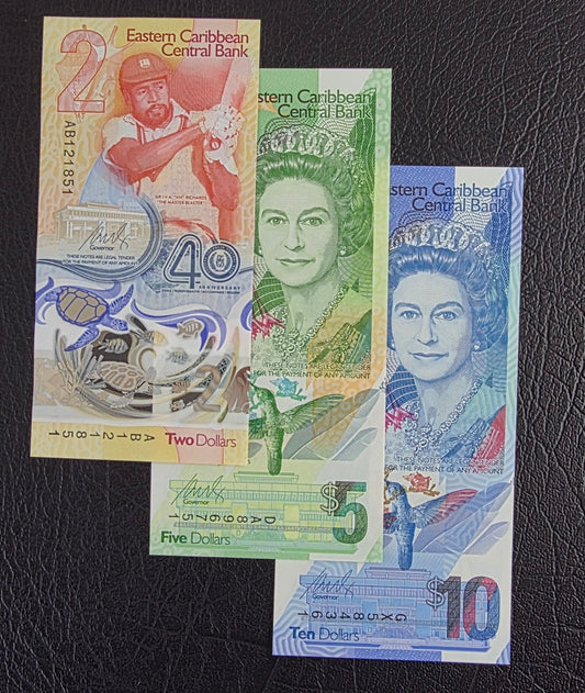 East Caribbean 2, 5 and 10 Dollars 2019- 2024 Gem Uncirculated UNC Polymer