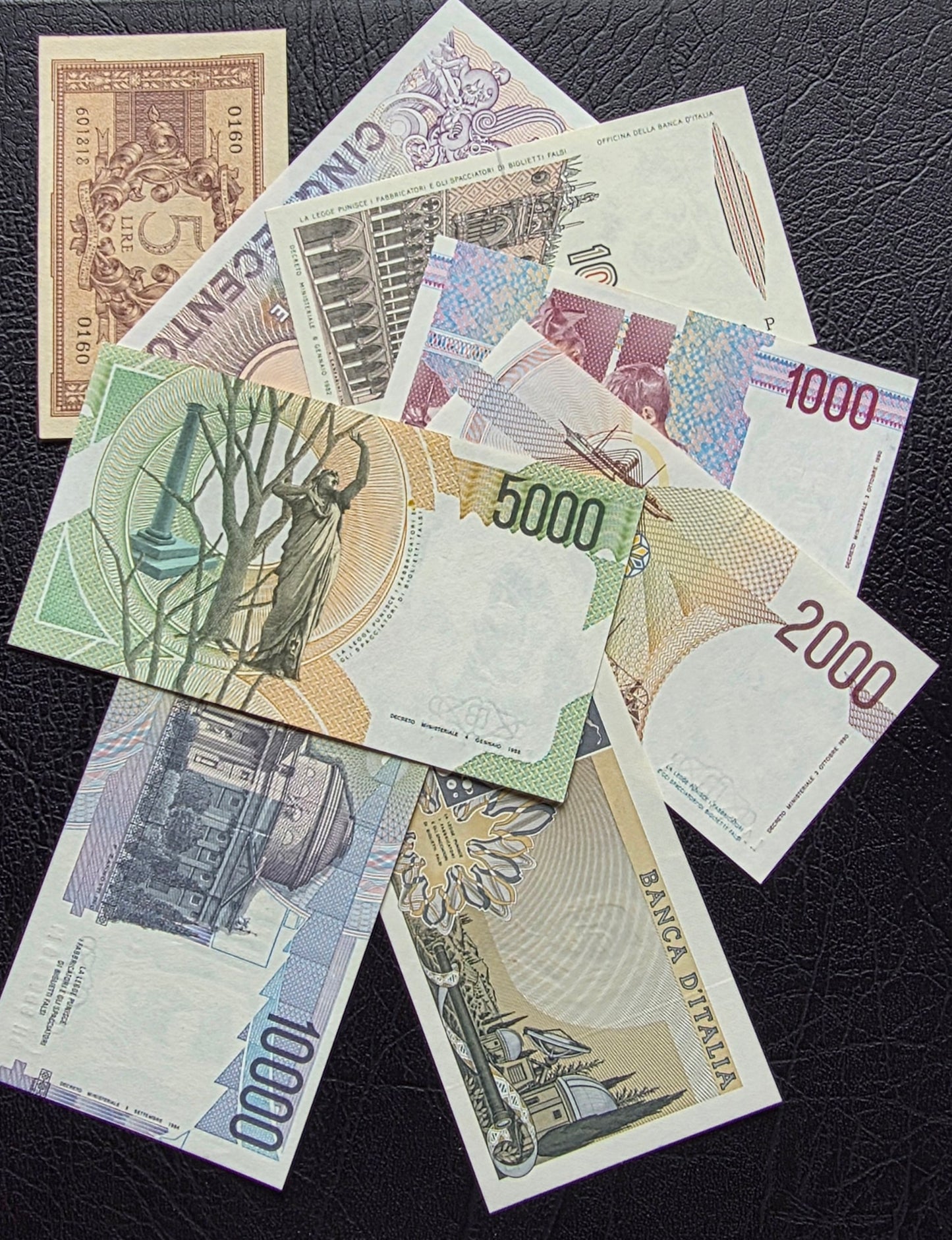 Set of 5, 500, 1000 (×2), 2000(x2), 5000 and 10000 1944- 1990s Lire Italy Italia Gem Uncirculated UNC (8 notes) Rare set
