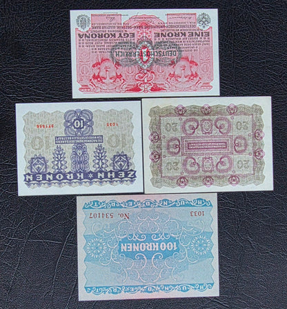 Austria set of 1, 10, 20 and 100 Krone 1916- 1922 Uncirculated (UNC) (Four notes)