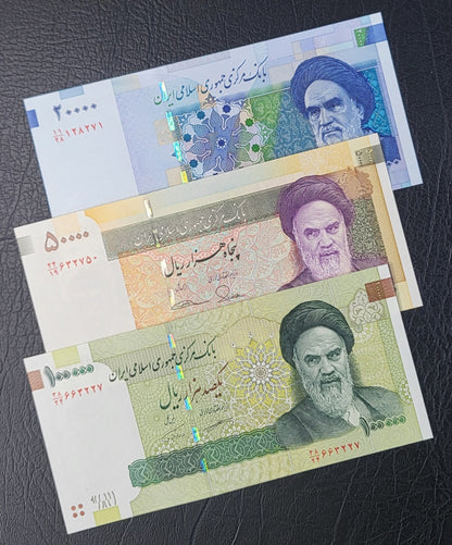 Full Set of 100, 200, 500, 1000, 2000, 5000, 10000 (2), 20000, 50000 and 100000 Rials 1985-2020 Iran Persian banknotes Uncirculated UNC Gem  (11 banknotes)