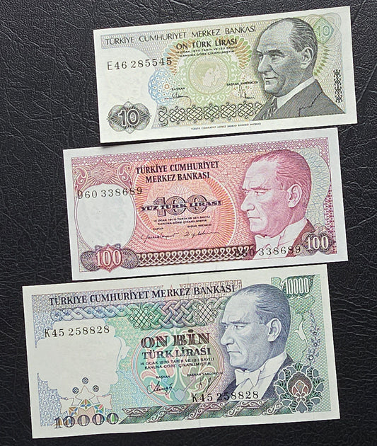 Turkey Türkiye Set of 10, 100 and 1000 Lira 1979- 1993  Uncirculated UNC (three banknotes)