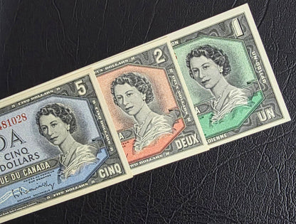 Set of 1, 2 and 5 Dollars 1954- 1967 (three notes) Chronological order Canada Gem Uncirculated (UNC)