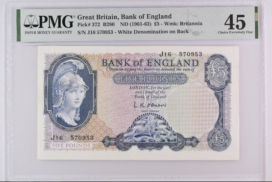 5 Five Pounds 1961 Great Britain 🇬🇧 Bank of England  Pick 372 PMG 45 EF