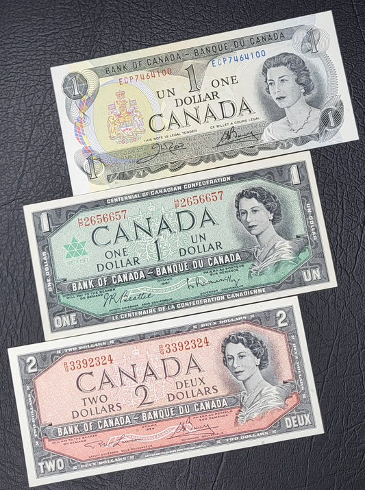 Set of 1 one and 2 Two Dollars 1954- 1973 (three notes) Chronological order Canada Uncirculated UNC Gem