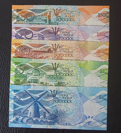 Barbados 2, 5, 10, 20 and 50 Dollars 2013 Uncirculated UNC (5 notes)