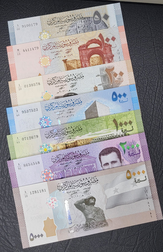 Full set Syria 50, 100, 200, 500, 1000, 2000, and 5000 Lira Syria Syrian Pounds Uncirculated UNC Crisp (Seven notes)