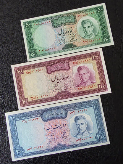 Pahlavi Shah set of 50, 100, 200, 500 and 1000 Rials Jahanshahi sign. 1971  Gem Uncirculated UNC (Rare) (5 notes)