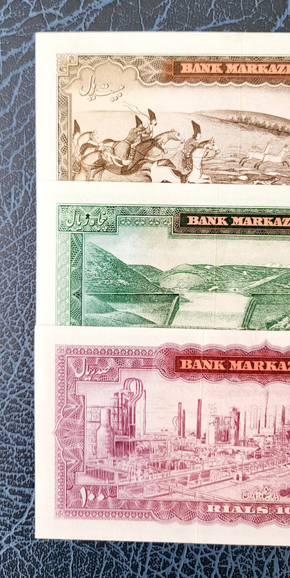 Set of 20, 50, and 100 Rials 1969 Pahlavi Shah Persian notes Uncirculated UNC Superb- Unique Gift set