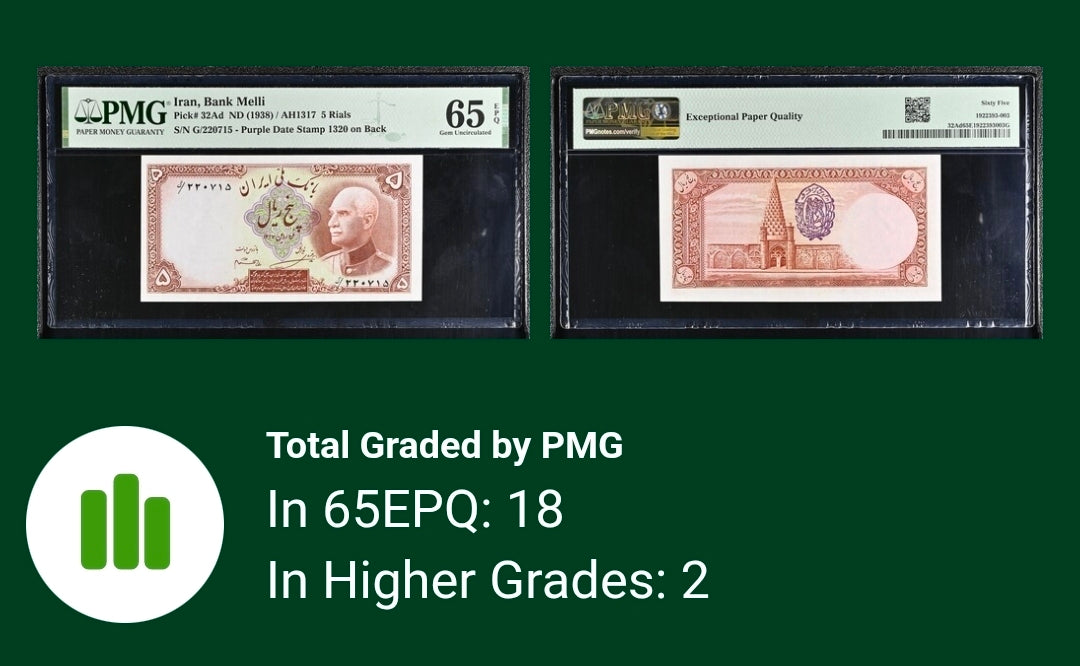 Reza Shah Pahlavi 5 Rials 1938 (rare) With Stamp PMG 65 Gem Uncirculated (UNC)