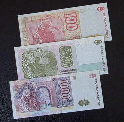 Argentina Australs set of 100, 500 and 1000  Australs 1980s Gem Uncirculated UNC (3 banknotes)