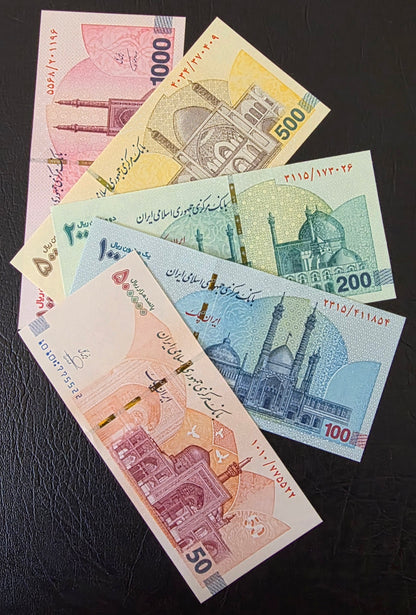 Persian Rials Full set 500000, 1000000, 2000000, 5000000, and 10000000 New Version Uncirculated (UNC) (5 notes)