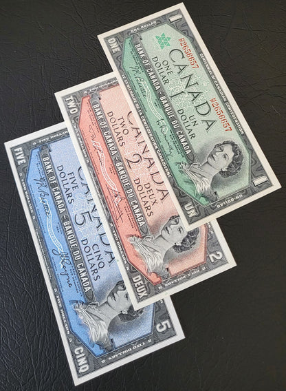 Set of 1, 2 and 5 Dollars 1954- 1967 (three notes) Chronological order Canada Uncirculated UNC Gem