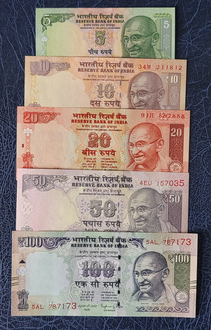 set of 5, 10, 20, 50 and 100 Rupees India Uncirculated