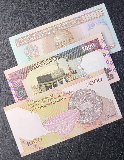 Full Set of 100, 200, 500, 1000, 2000, 5000, 10000 (2), 20000, 50000 and 100000 Rials 1985-2020 Iran Persian banknotes Uncirculated UNC Gem  (11 banknotes)