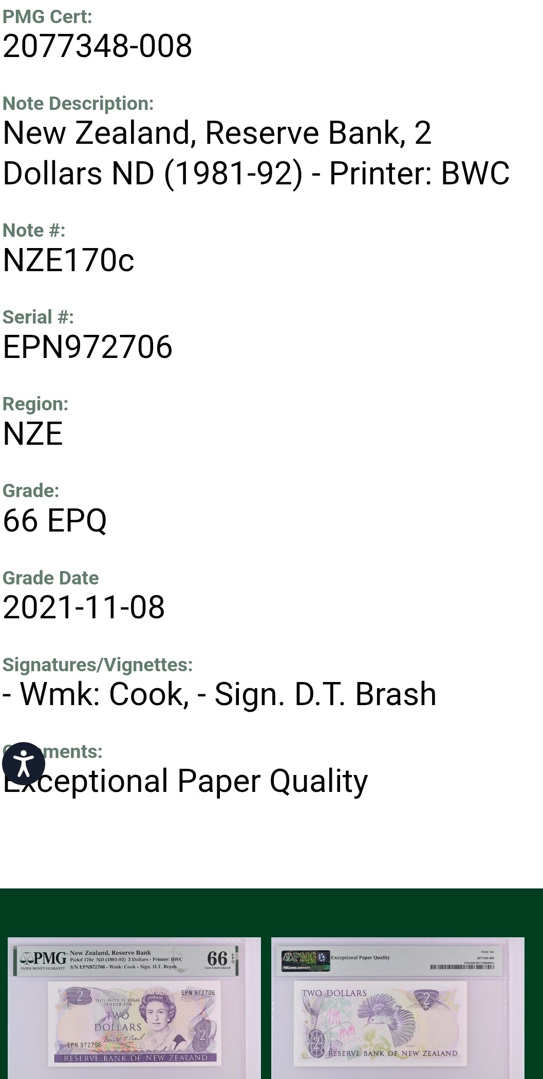 Two Dollars 1981- 1992 New Zealand Pick 170c Gem Uncirculated UNC PMG 66 EPQ