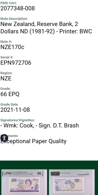 Two Dollars 1981- 1992 New Zealand Pick 170c Gem Uncirculated UNC PMG 66 EPQ