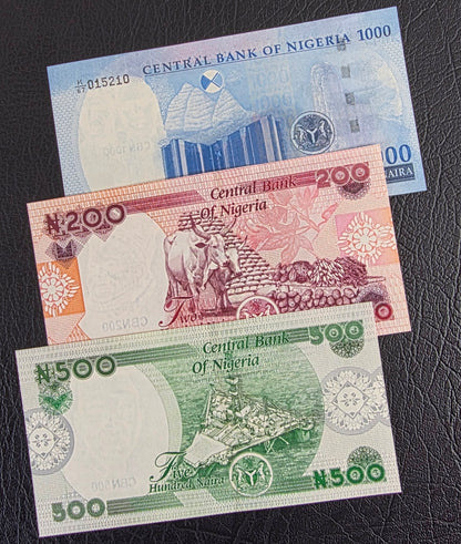 Nigeria set of 200, 500 and 1000 Naira 2023 Uncirculated UNC (three notes)