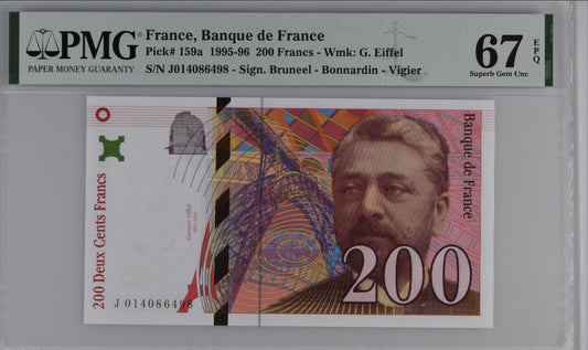 200 Francs 1995- 1996 France P 159c  Eiffel Uncirculated PMG 67 EPQ P 159a