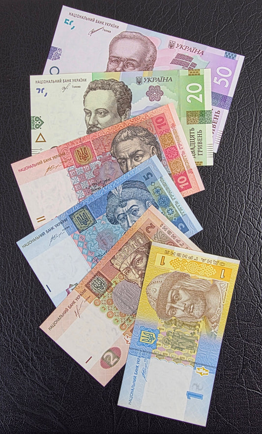 Set of 1, 2, 5, 10, 20 and 50 Hrivna Ukrain Uncirculated UNC (six notes)