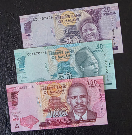 Malawi Kwacha set of 20, 50, 100 and 200 Kwacha 2019- 2024 Gem Uncirculated UNC (4 banknotes)