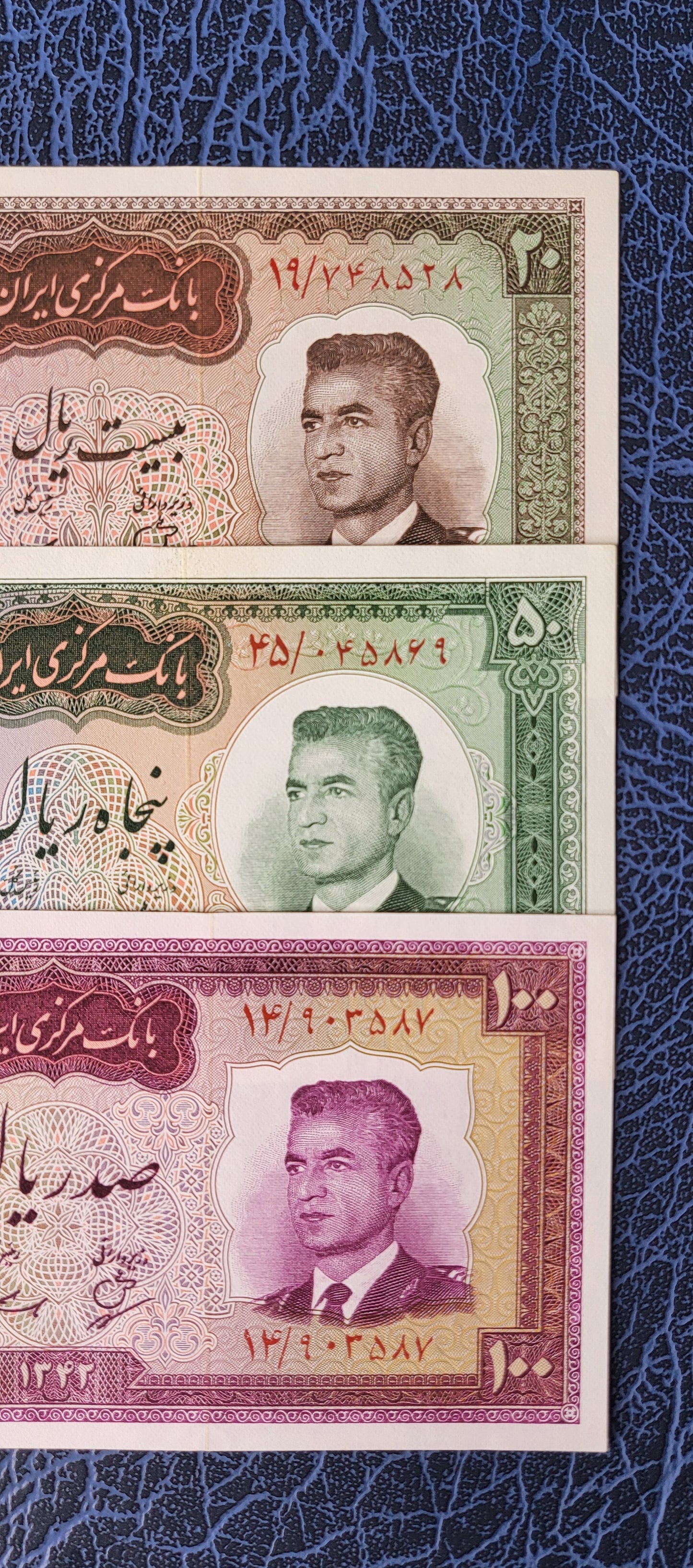 Set of 20, 50 and 100 Rials 1963- 1965 Pahlavi Persian notes Uncirculated UNC Superb P 78a P 79a P 77