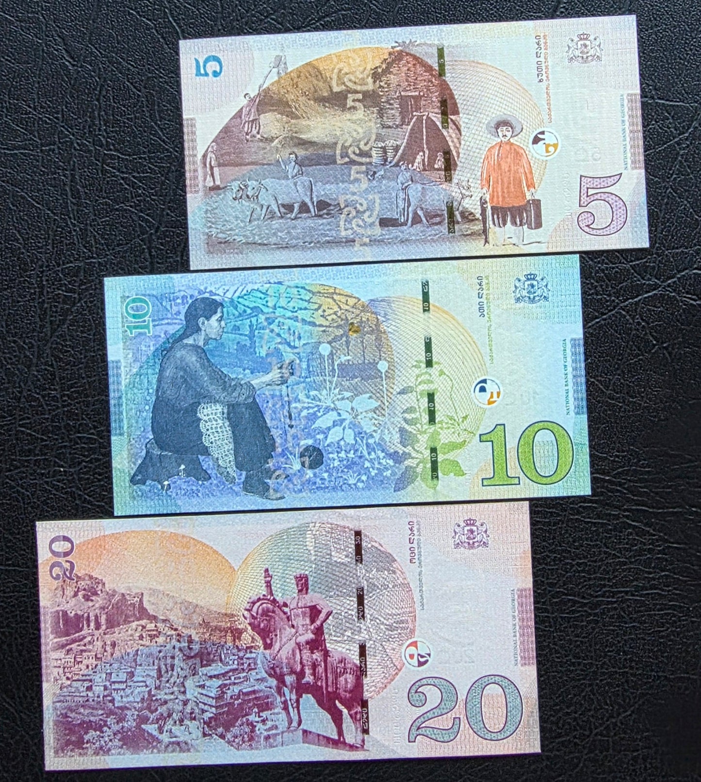 Set of 2, 5 and 10 Lari 2016- 2019 Georgia Uncirculated (UNC) (three notes)