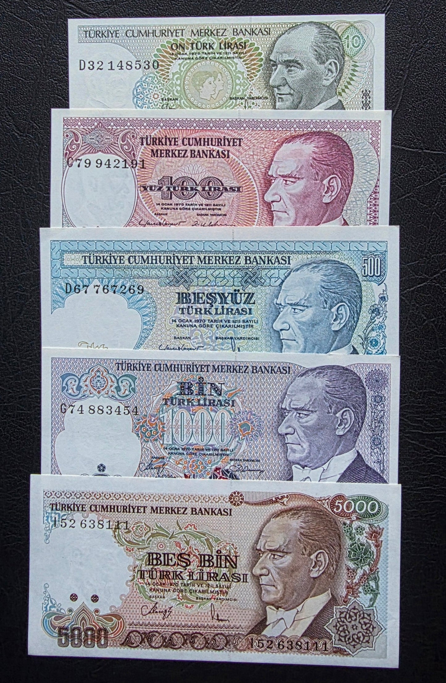 Turkey Türkiye Set of 10 to 5000 Lira 1970s Turkey Türkiye Uncirculated UNC (Five banknotes)