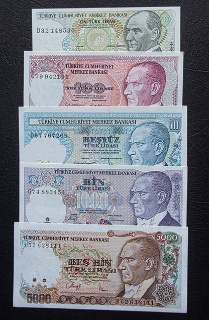 Turkey Türkiye Set of 10 to 5000 Lira 1970s Turkey Türkiye Uncirculated UNC (Five banknotes)