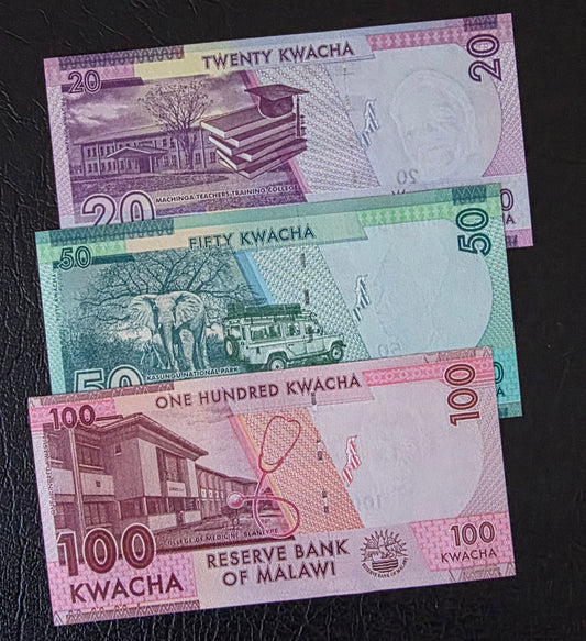 Malawi Kwacha set of 20, 50, 100 and 200 Kwacha 2019- 2024 Gem Uncirculated UNC (4 banknotes)