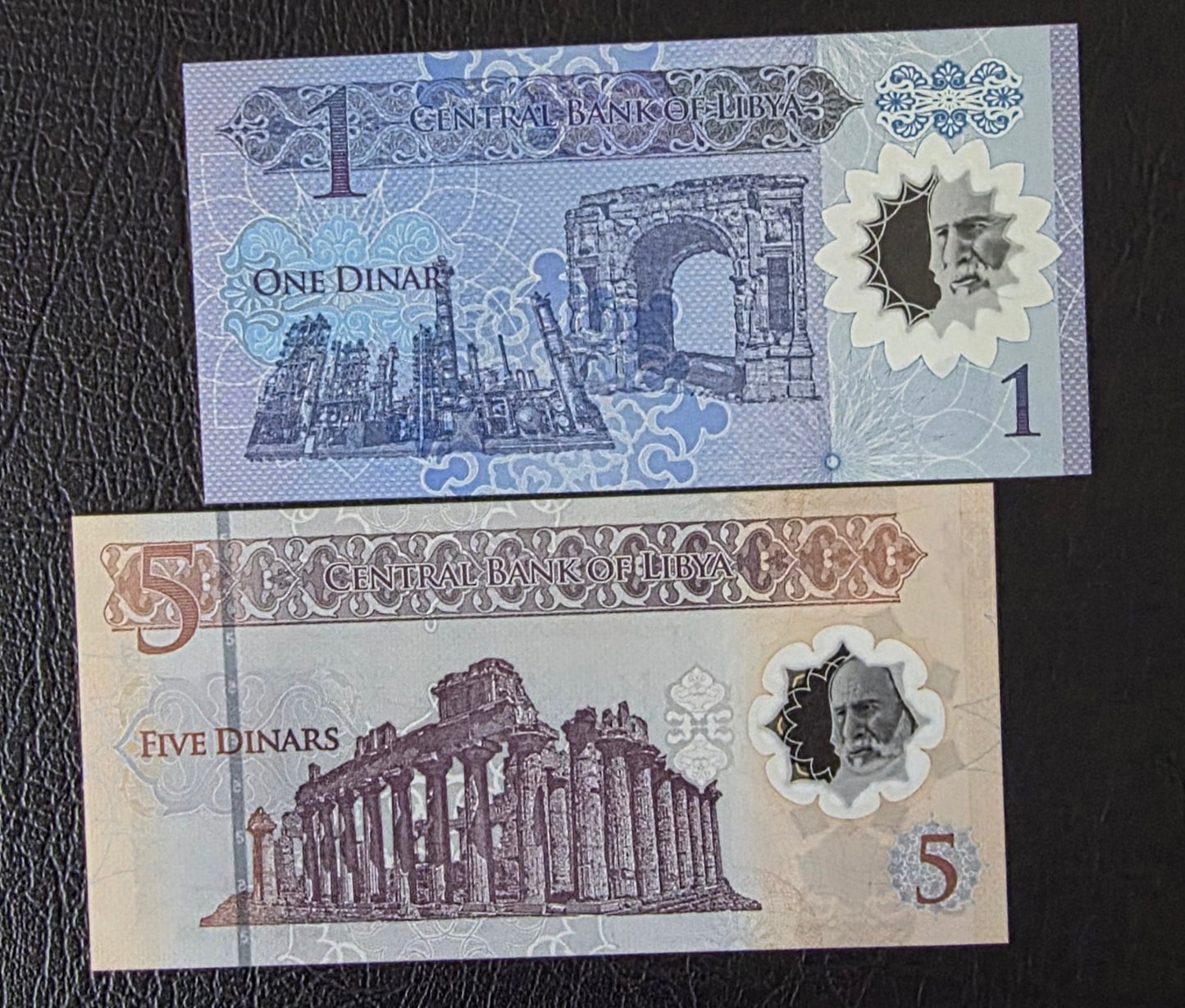 Libya 1 and 5 Dinars New Version Gem UNC Polymer (two banknotes)